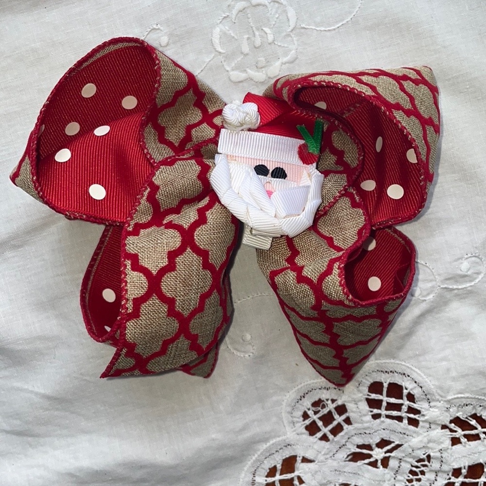 NWOT Girls Large Custom Boutique Hair Bow Christmas Santa Burlap Velvet